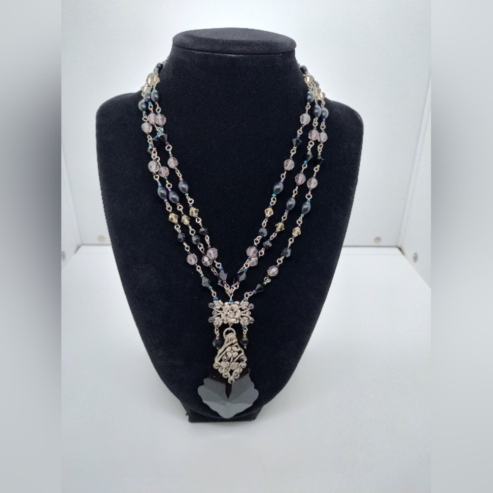 Vintage Necklace Black Multicolor 3 Strand Acrylic Beaded Large Obsidian Pendant
